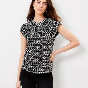#44 LOFT  • BLACK AND WHITE TOP • EMBROIDERED SMOCKED NECK